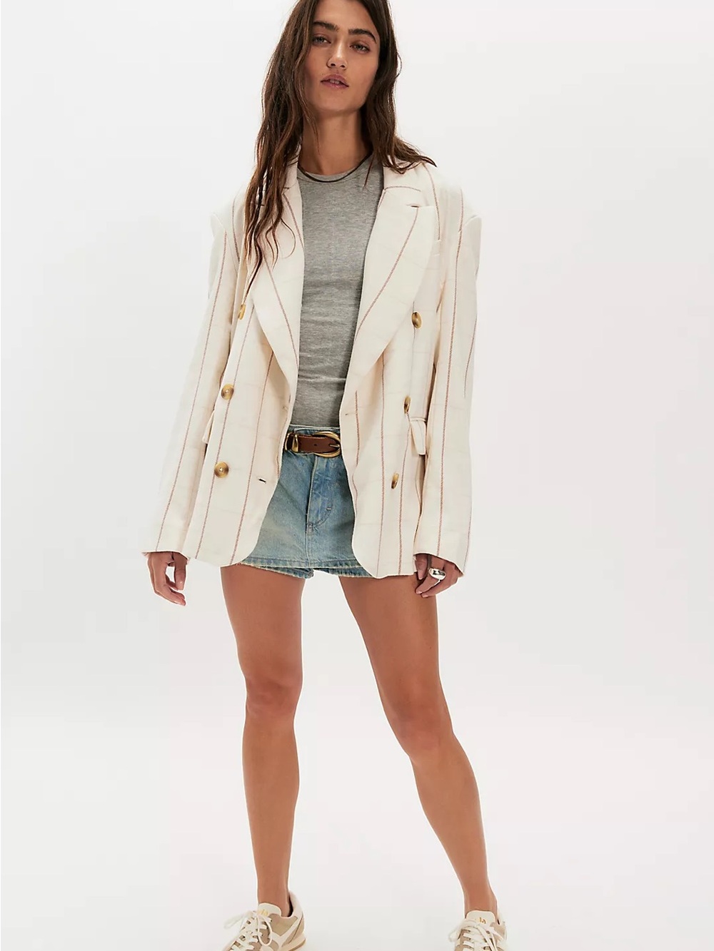 Free People Dean Double-Breasted Blazer XS Color Ivory Combo With Windowpane NWT